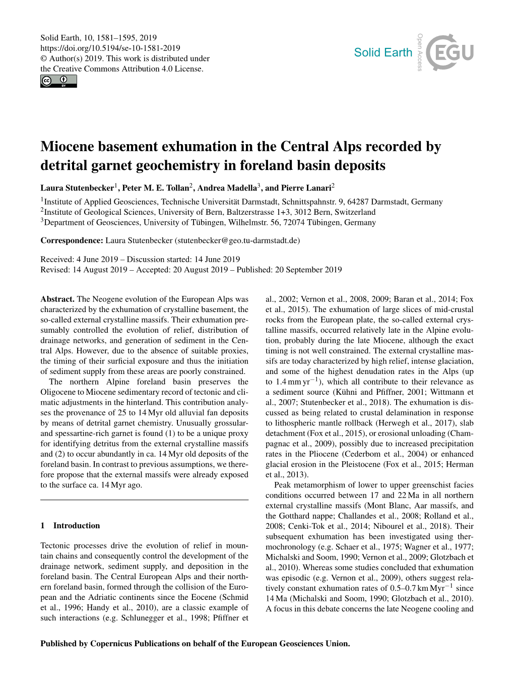 Miocene Basement Exhumation in the Central Alps Recorded by Detrital Garnet Geochemistry in Foreland Basin Deposits