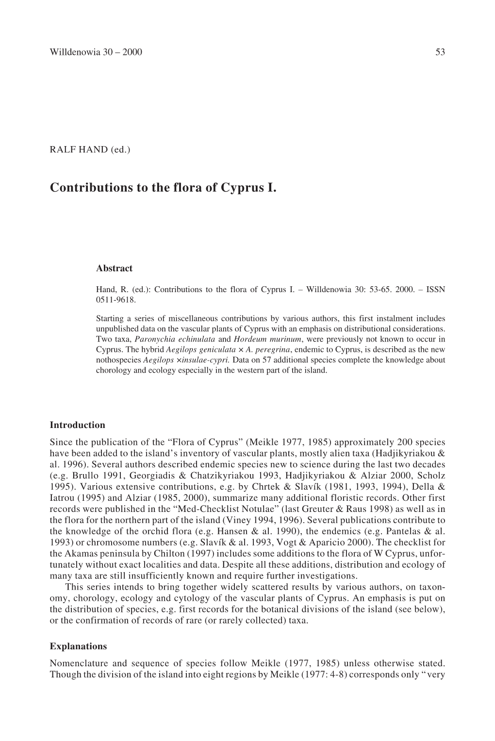 Contributions to the Flora of Cyprus I