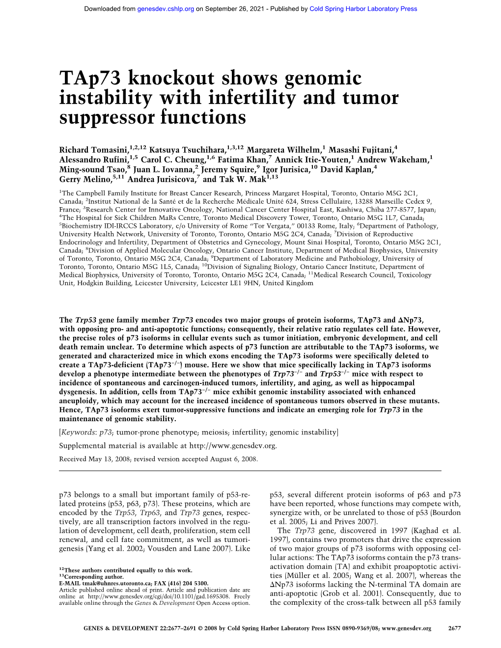 Tap73 Knockout Shows Genomic Instability with Infertility and Tumor Suppressor Functions