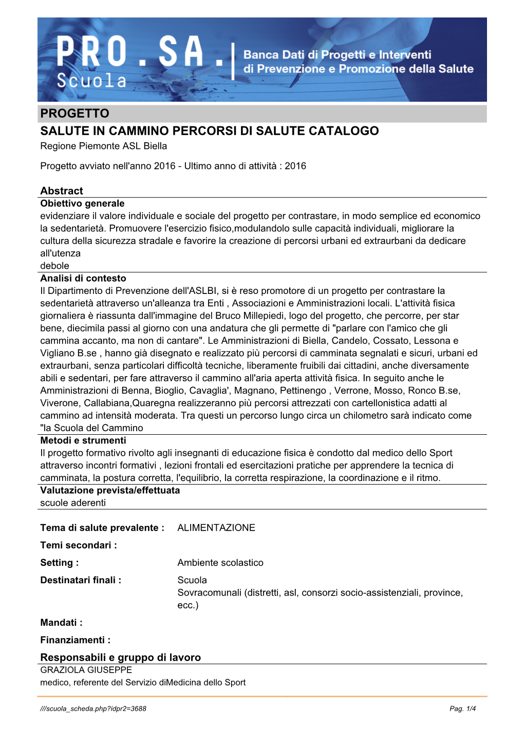 PROGETTO SALUTE in CAMMINO PERCORSI DI SALUTE CATALOGO Regione Piemonte ASL Biella