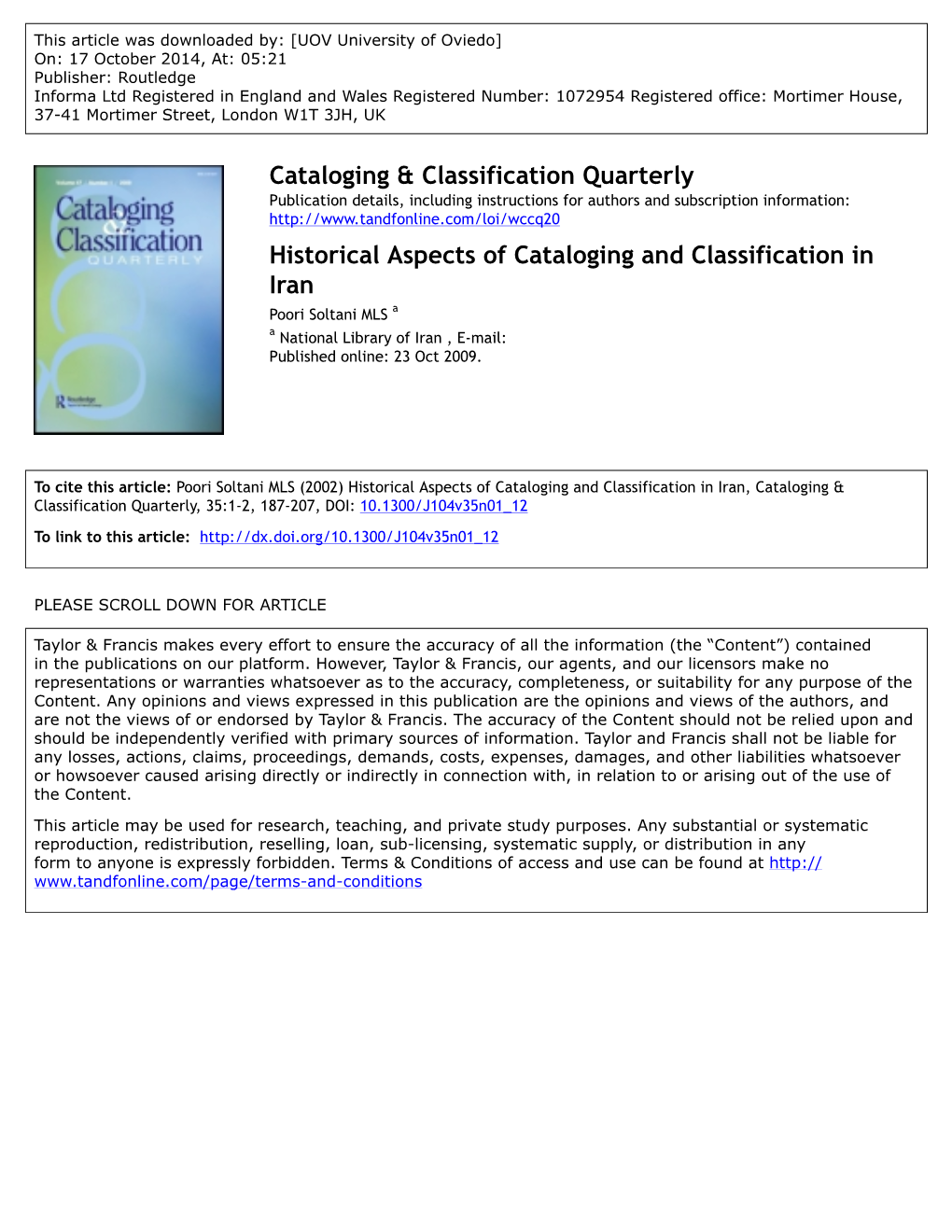 Cataloging & Classification Quarterly Historical Aspects of Cataloging