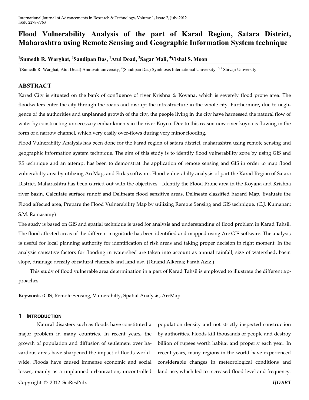 Flood Vulnerability Analysis of the Part of Karad Region, Satara District, Maharashtra Using Remote Sensing and Geographic Information System Technique