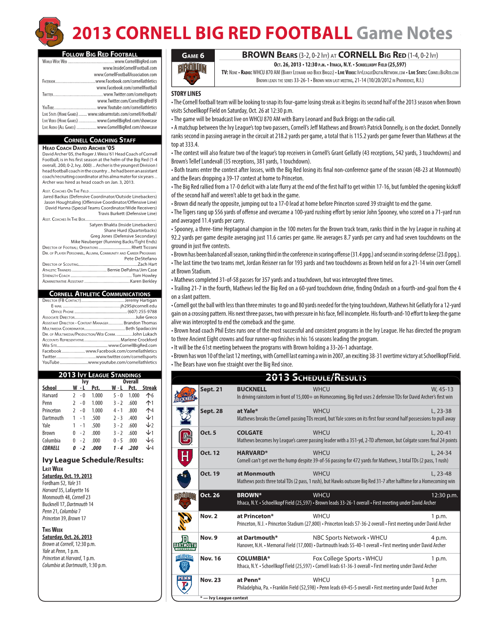 2013 CORNELL BIG RED FOOTBALL Game Notes