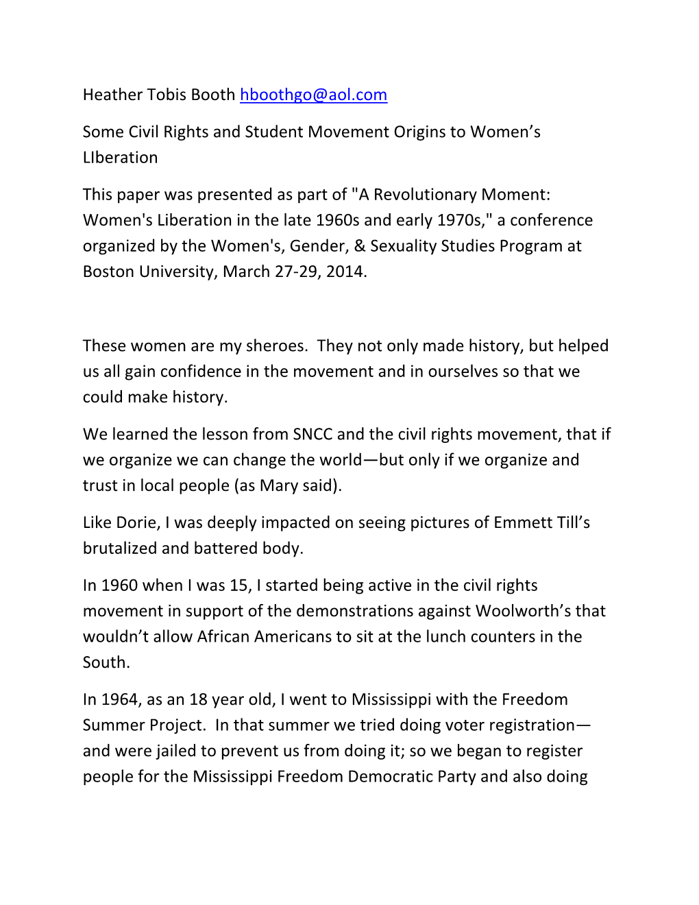 Some Civil Rights and Student Movement Origins to Women’S Liberation