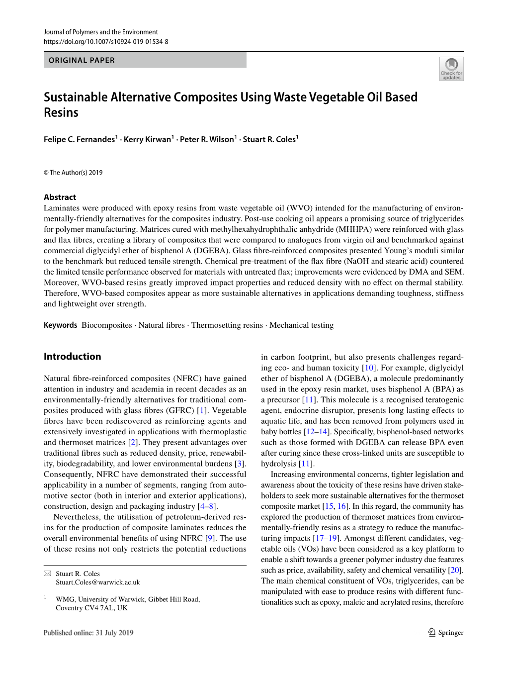 Sustainable Alternative Composites Using Waste Vegetable Oil Based Resins