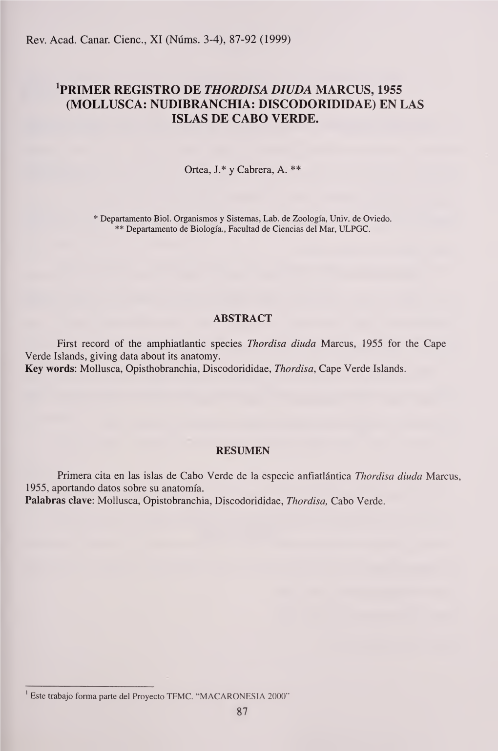 Primer Registro De Thordisa Diuda Marcus, 1955 (Mollusca: Nudibranchia: Discodorididae) En Las Islas De Cabo Verde