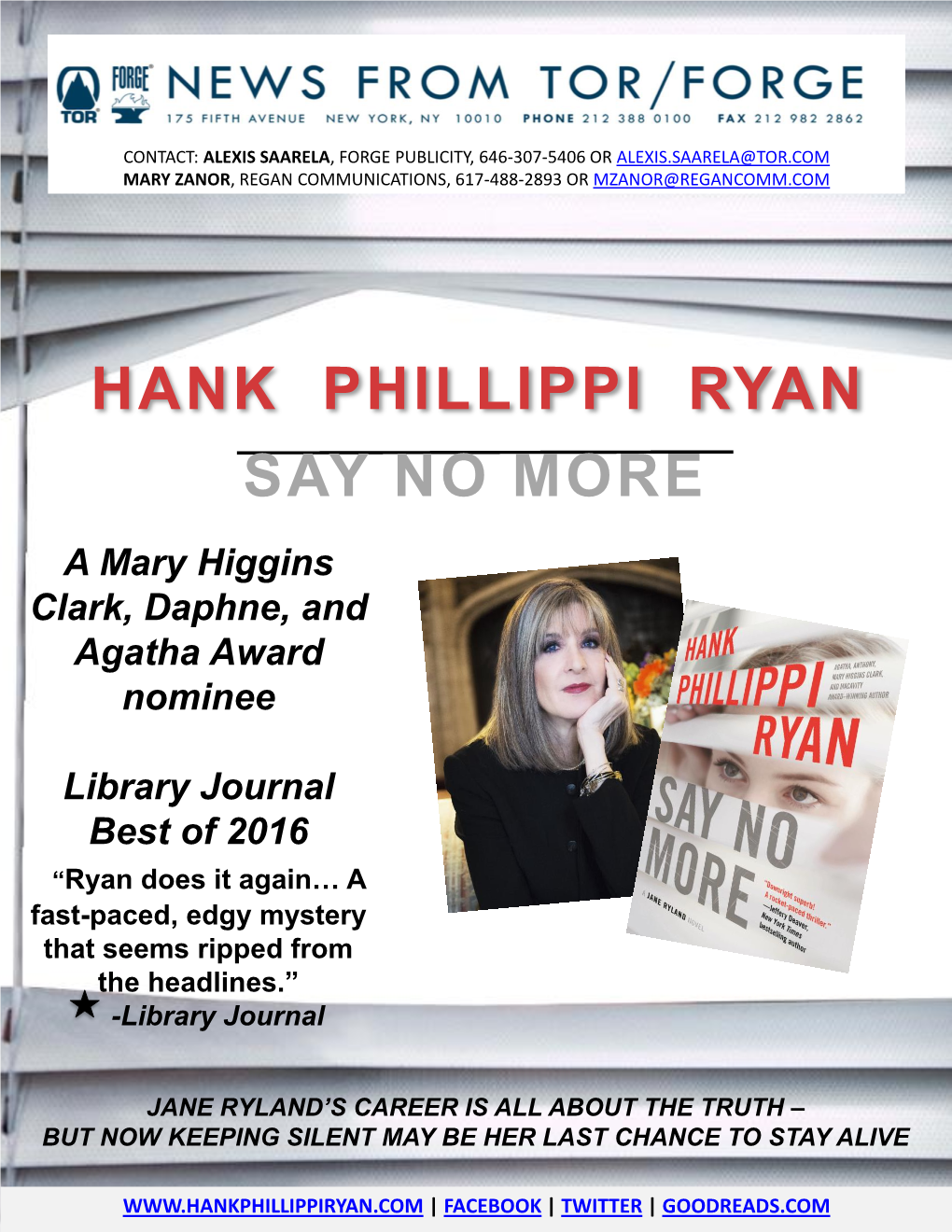 HANK PHILLIPPI RYAN SAY NO MORE a Mary Higgins Clark, Daphne, and Agatha Award Nominee
