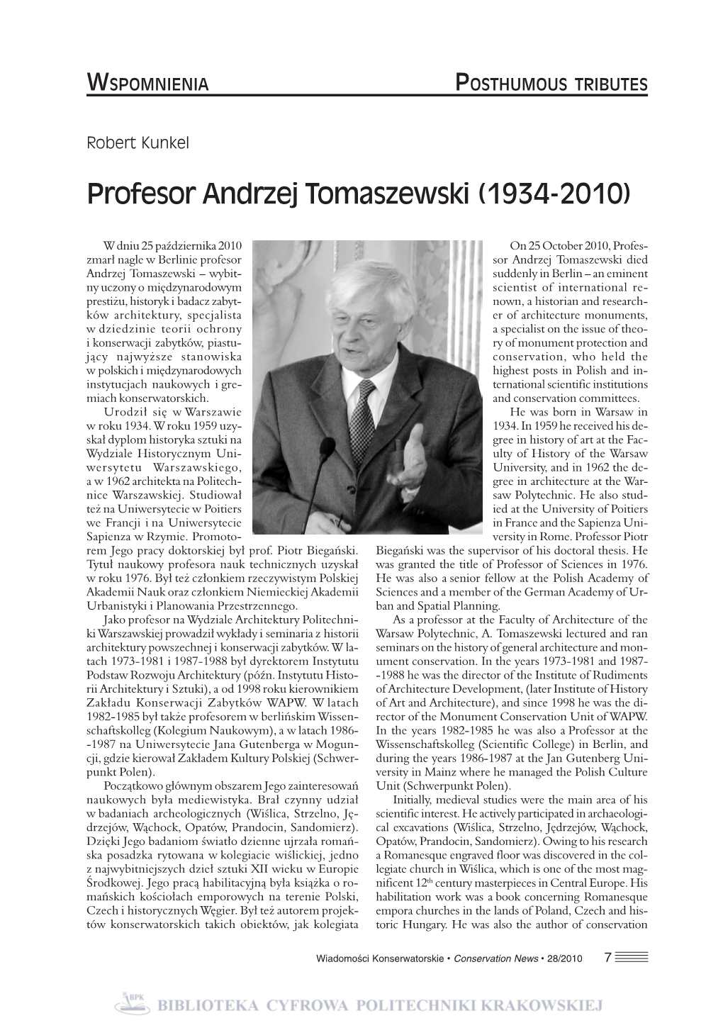 Profesor Andrzej Tomaszewski (1934-2010)