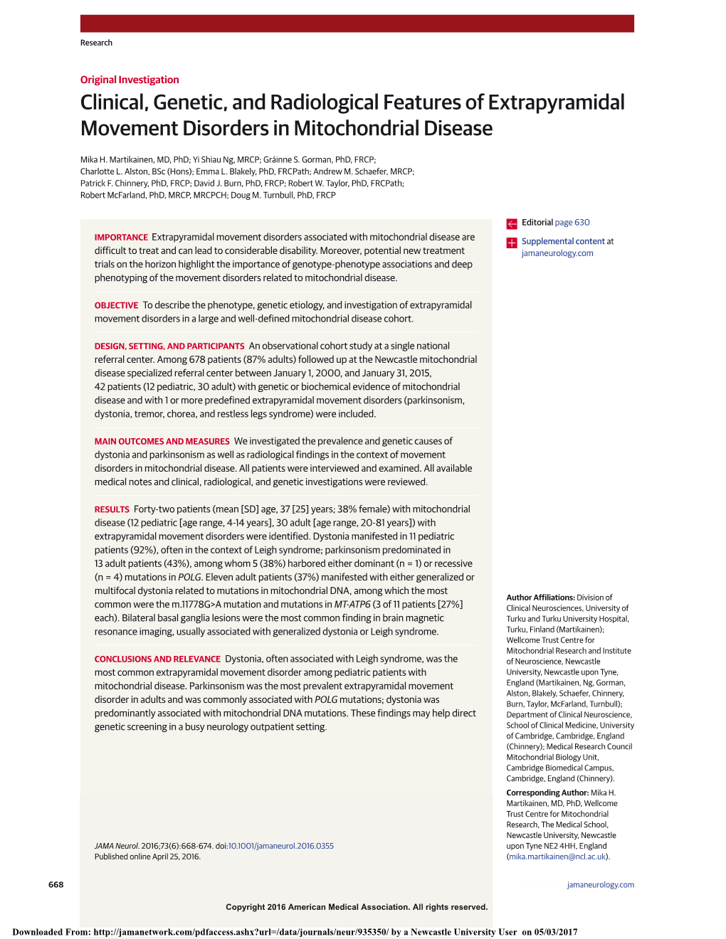 Clinical, Genetic, and Radiological Features of Extrapyramidal Movement Disorders in Mitochondrial Disease