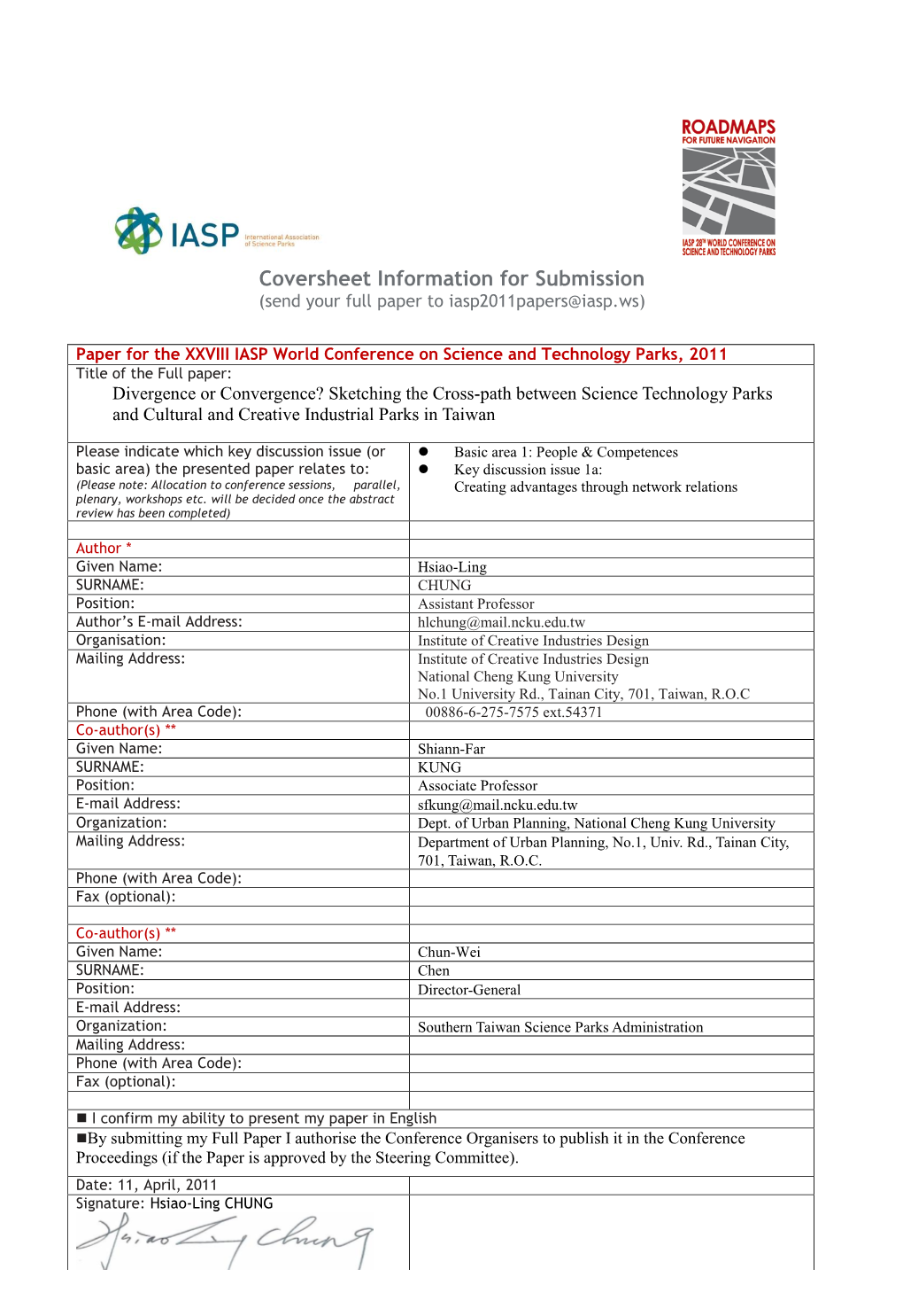 Coversheet Information for Submission (Send Your Full Paper to Iasp2011papers@Iasp.Ws)