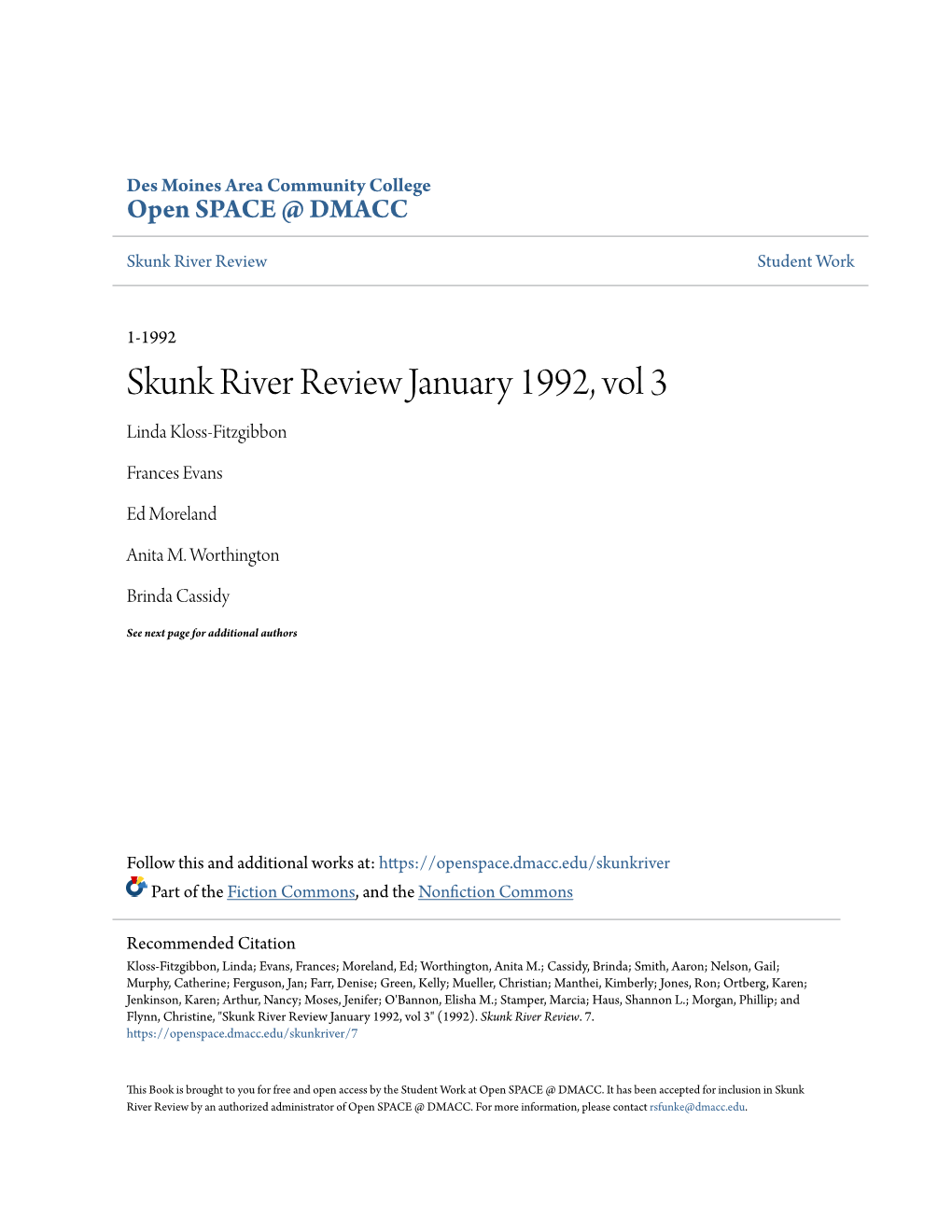 Skunk River Review January 1992, Vol 3 Linda Kloss-Fitzgibbon