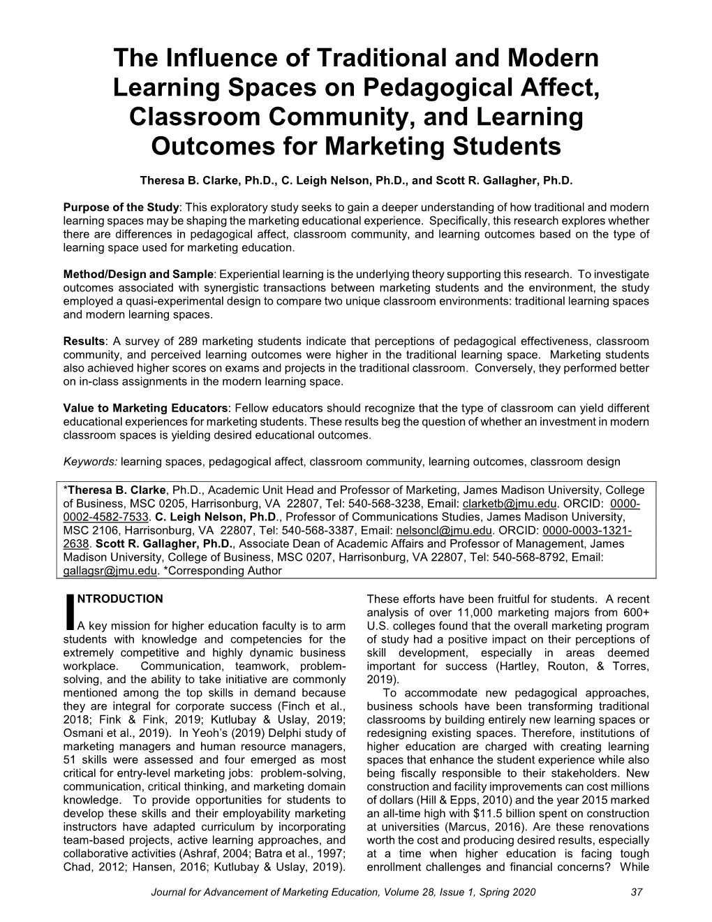 The Influence of Traditional and Modern Learning Spaces on Pedagogical Affect, Classroom Community, and Learning Outcomes for Marketing Students