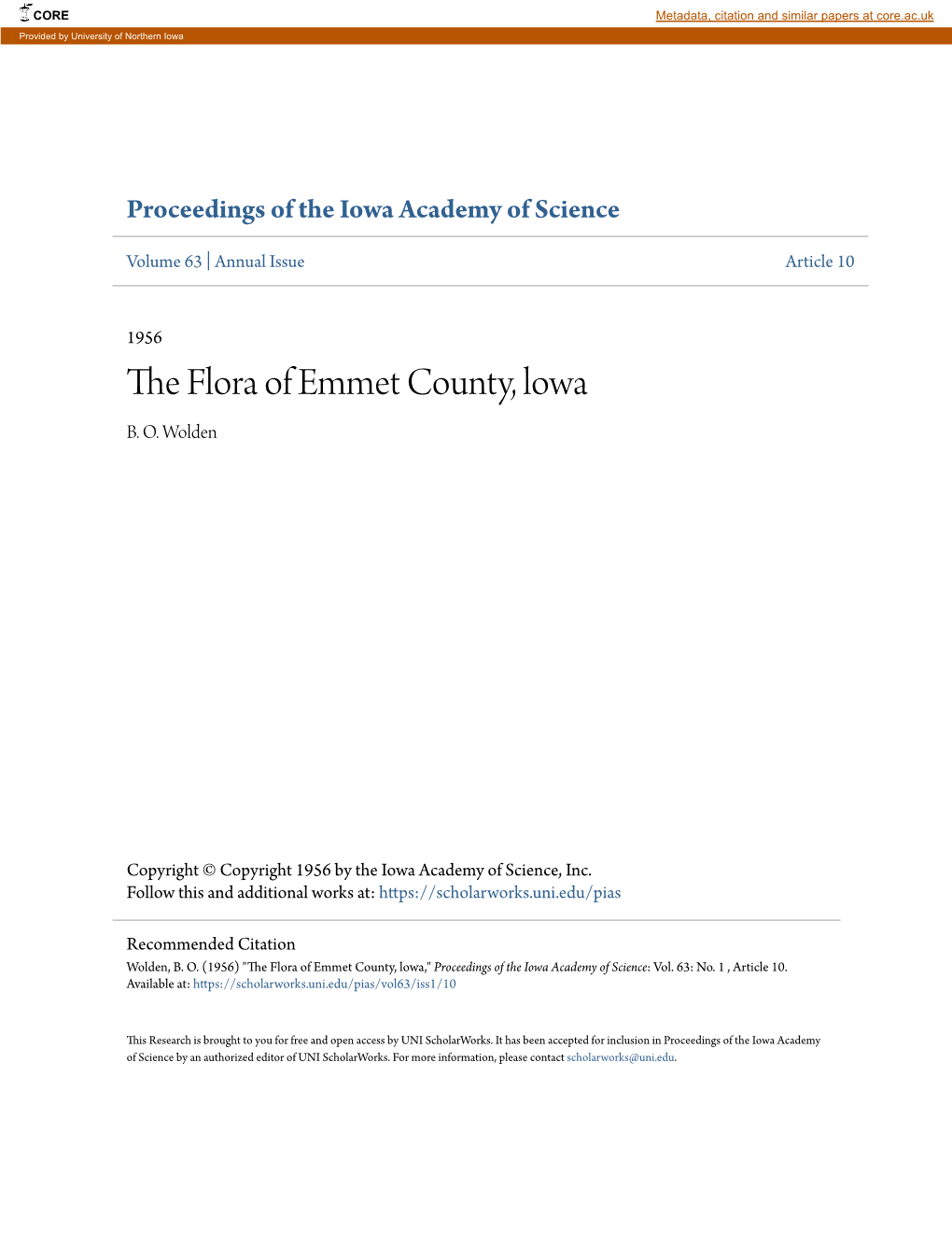 The Flora of Emmet County, Lowa," Proceedings of the Iowa Academy of Science: Vol