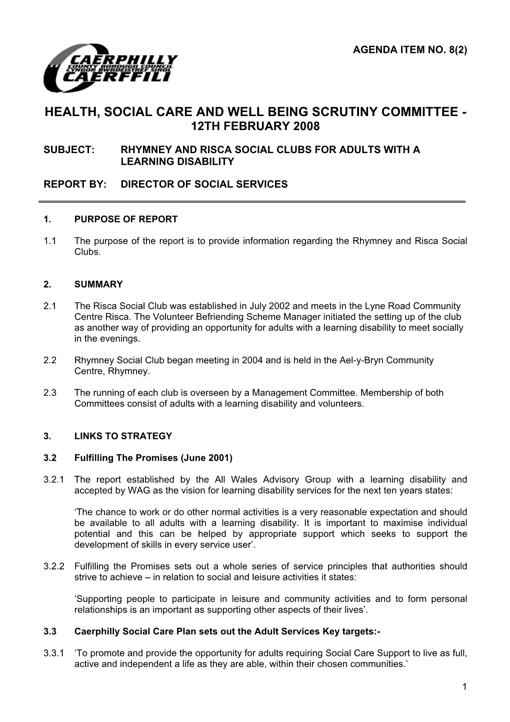 Health, Social Care and Well Being Scrutiny Committee - 12Th February 2008