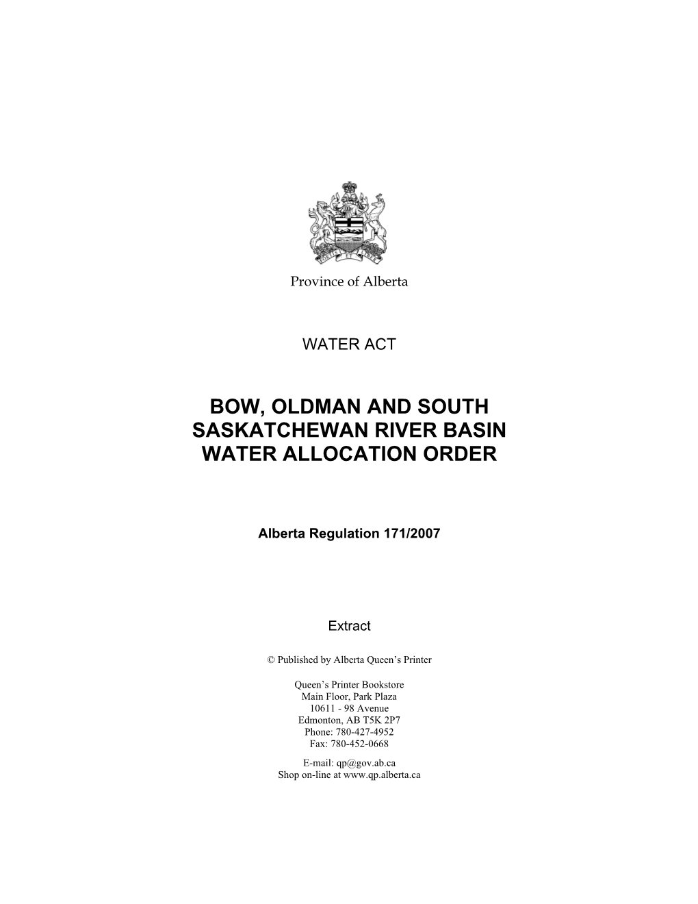 Bow, Oldman and South Saskatchewan River Basin Water Allocation Order