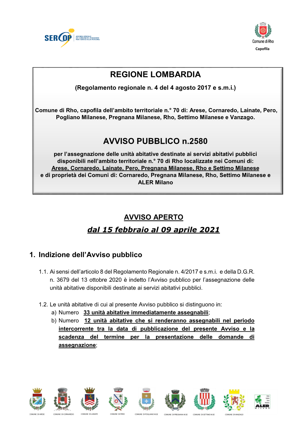 REGIONE LOMBARDIA AVVISO PUBBLICO N.2580