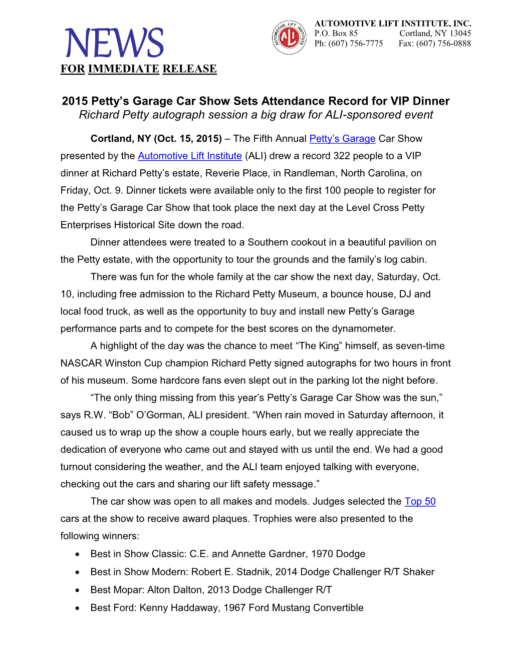 FOR IMMEDIATE RELEASE 2015 Petty's Garage Car Show Sets