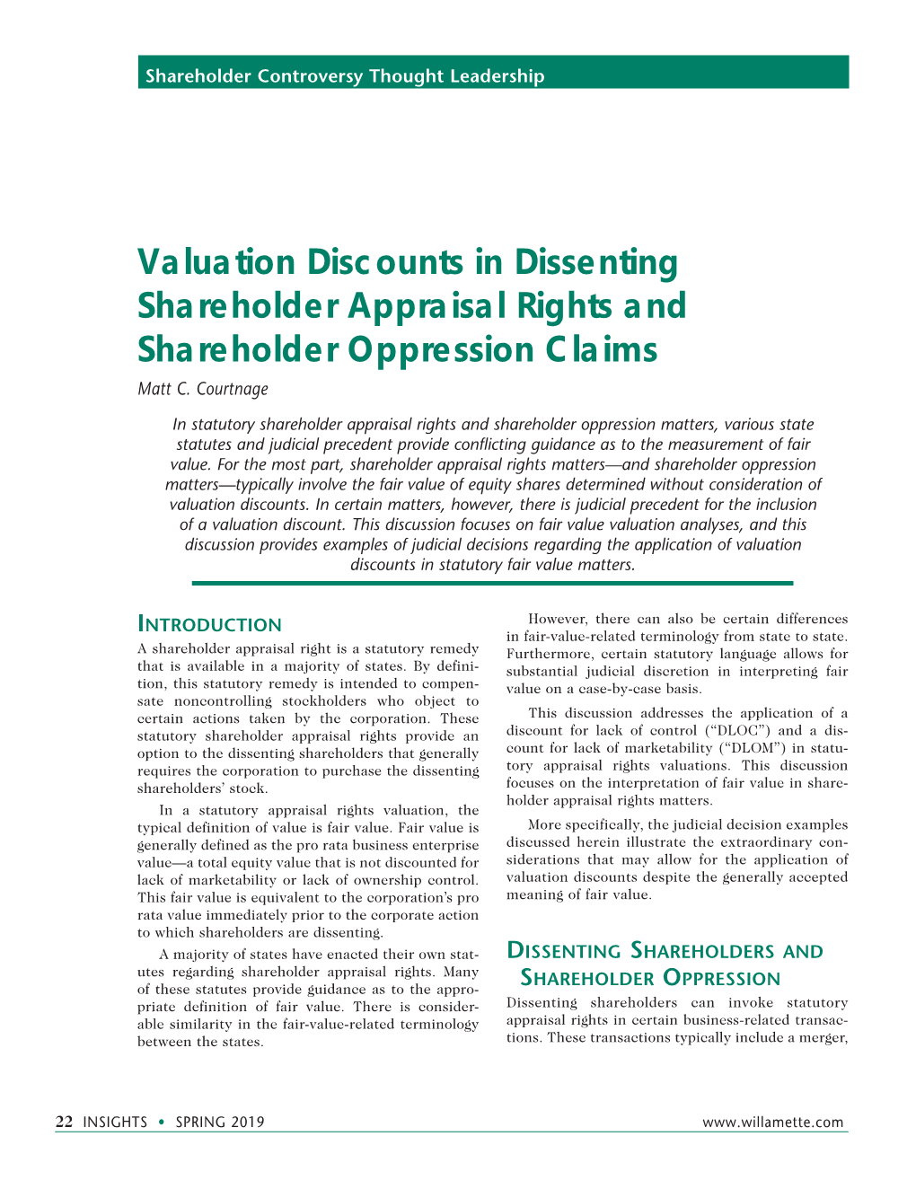 Valuation Discounts in Dissenting Shareholder Appraisal Rights and Shareholder Oppression Claims Matt C