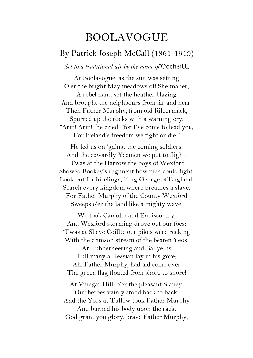 BOOLAVOGUE by Patrick Joseph Mccall (1861-1919) Set to a Traditional Air by the Name of Eochaill