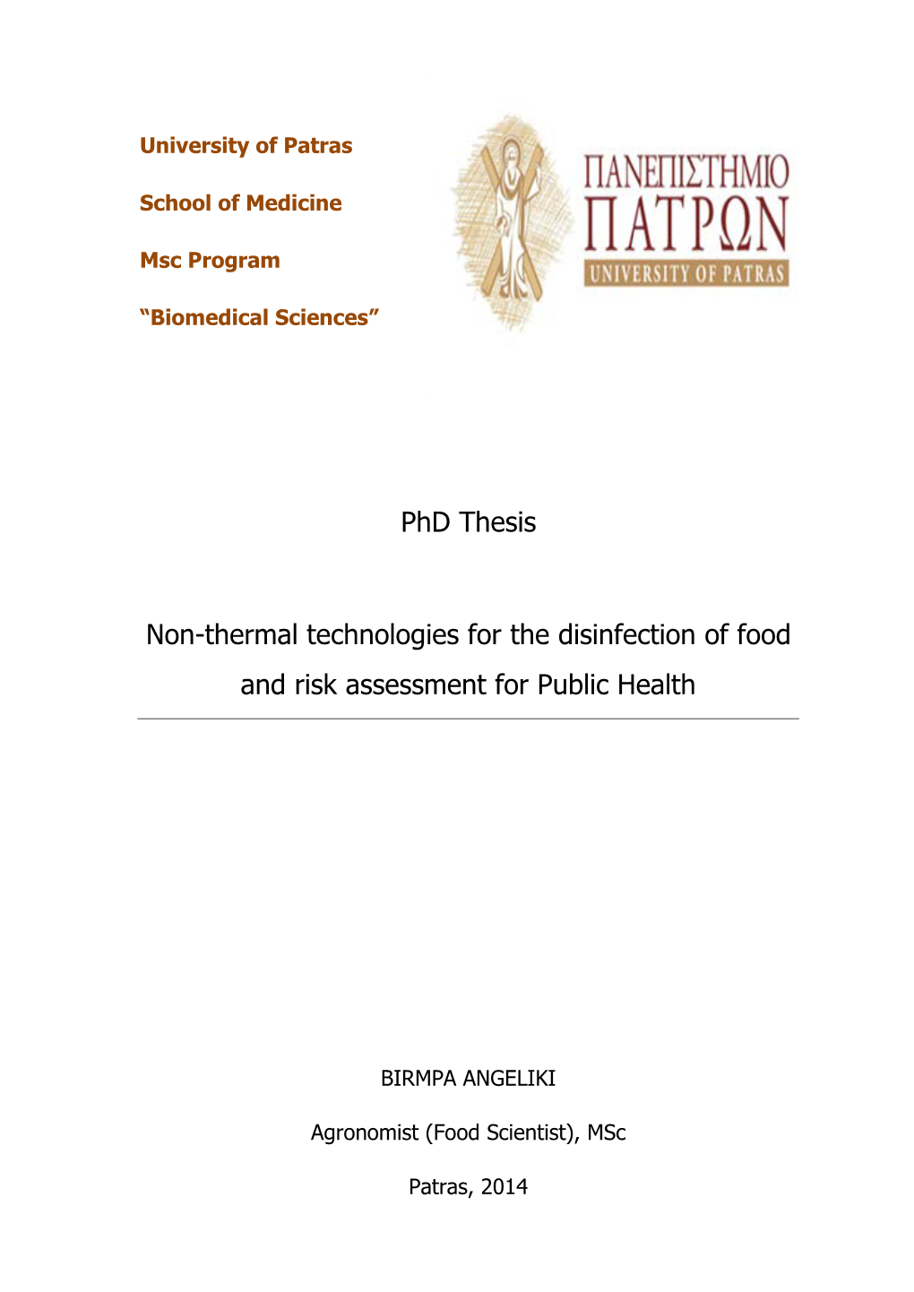 Phd Thesis Non-Thermal Technologies for the Disinfection of Food and Risk