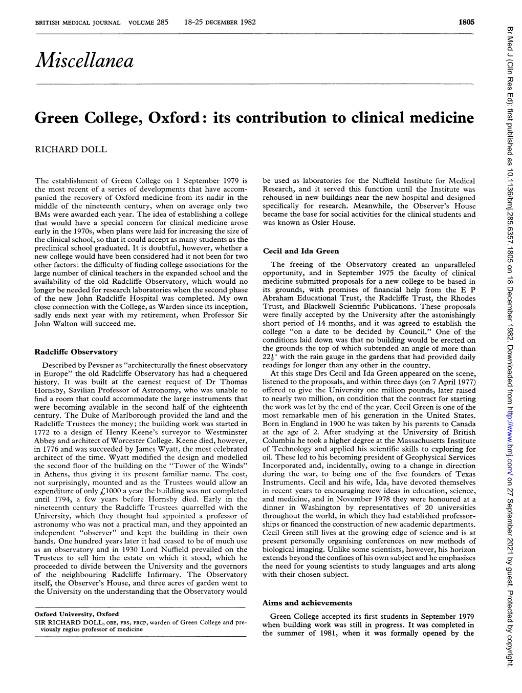 Green College, Oxford: Its Contribution to Clinical Medicine