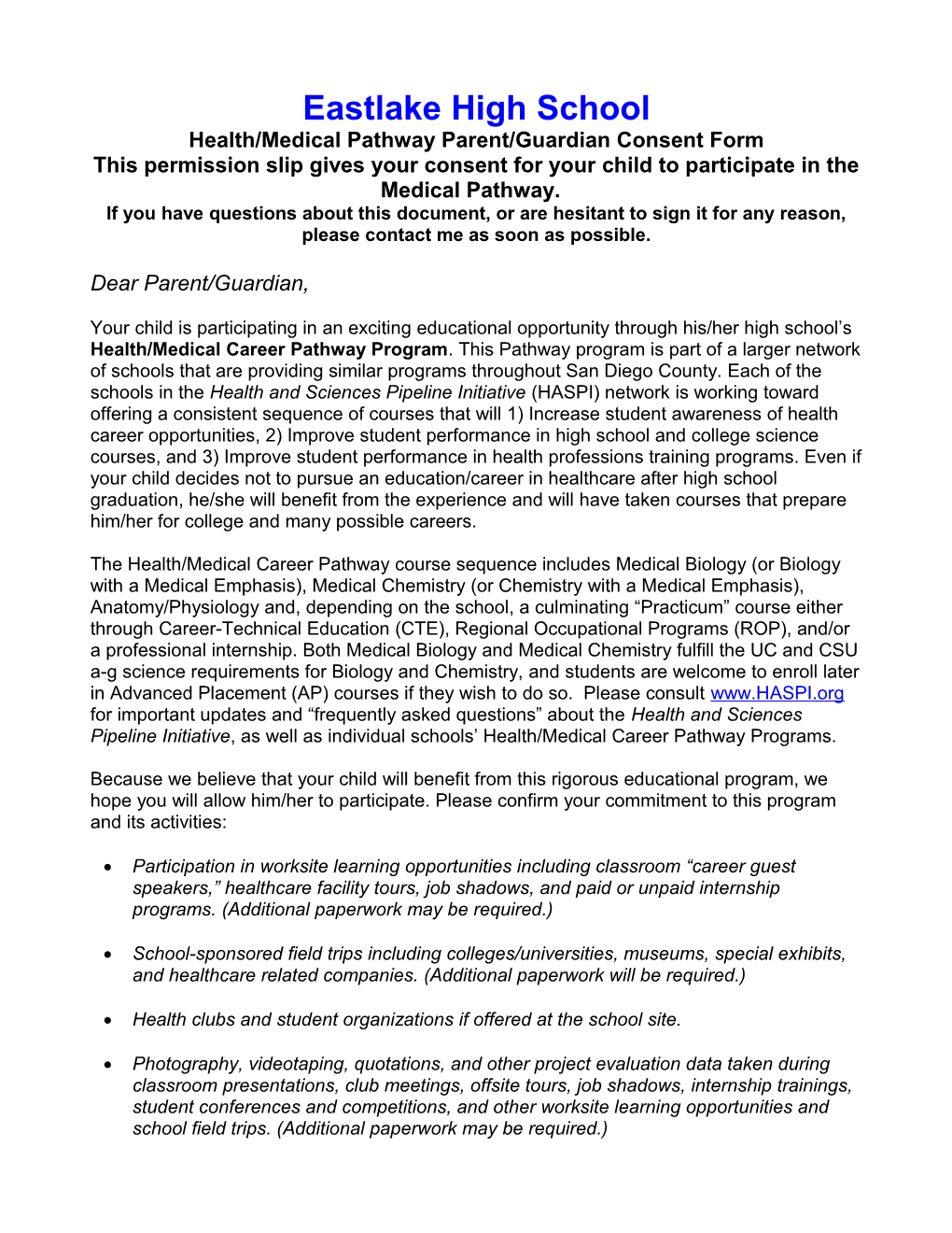 Health/Medical Pathway Parent/Guardian Consent Form