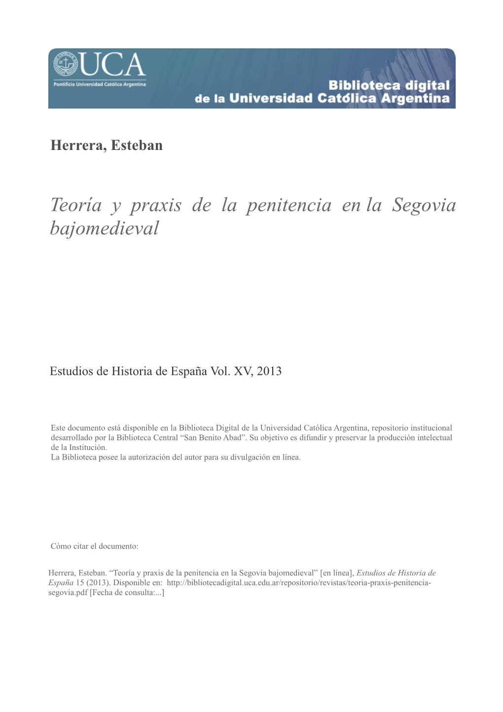 Teoría Y Praxis De La Penitencia En La Segovia Bajomedieval