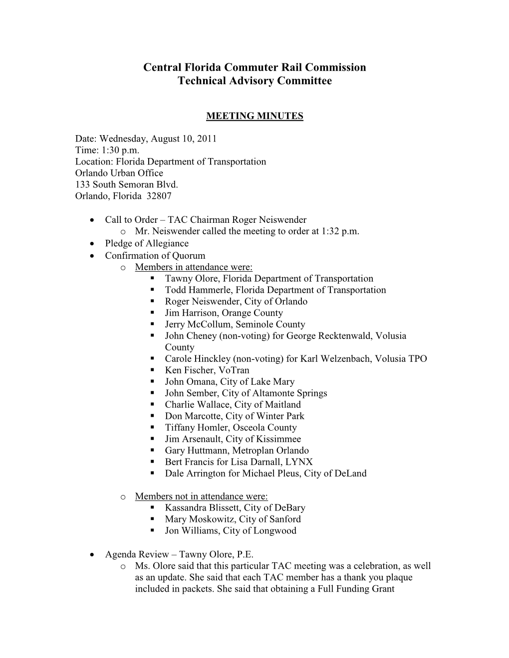 Central Florida Commuter Rail Commission Technical Advisory Committee