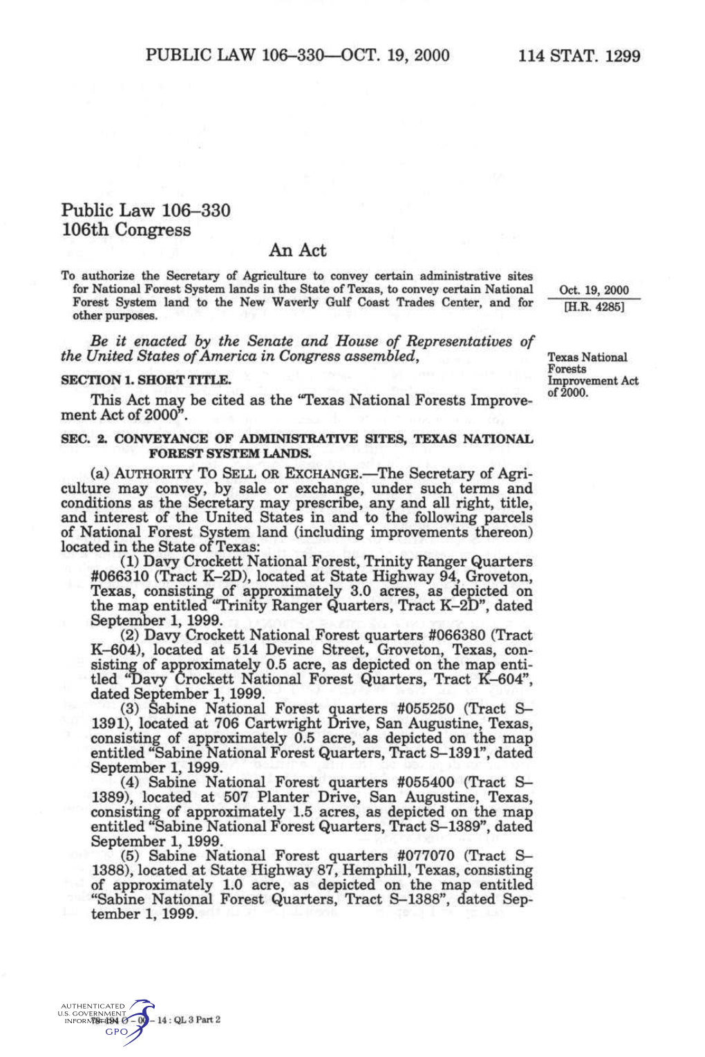 Public Law 106-330—Oct. 19, 2000 114 Stat. 1299