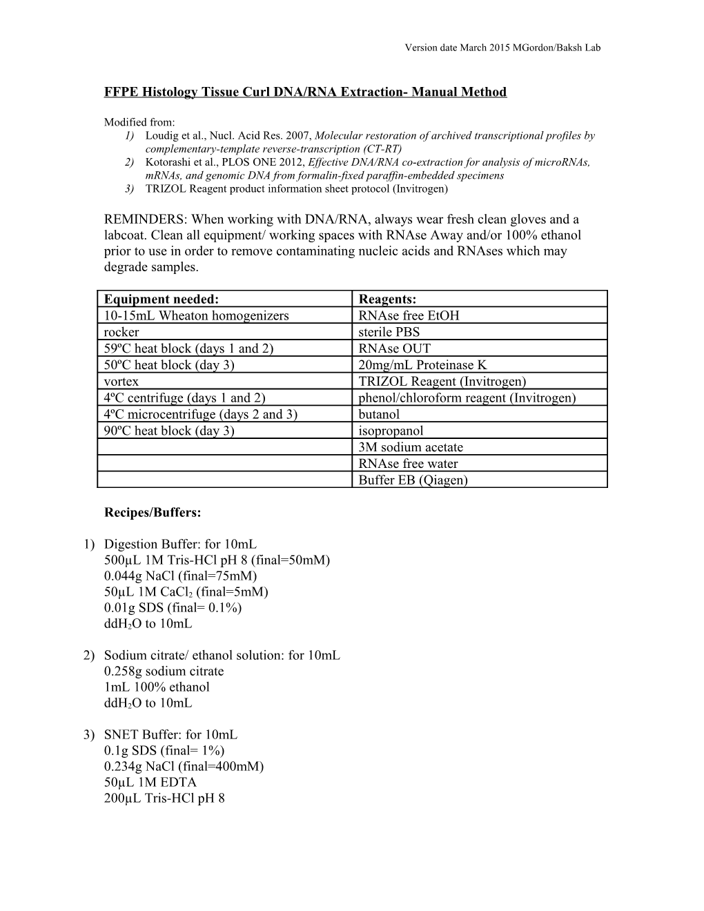 FFPE Histology Tissue Curl DNA/RNA Extraction- Manual Method