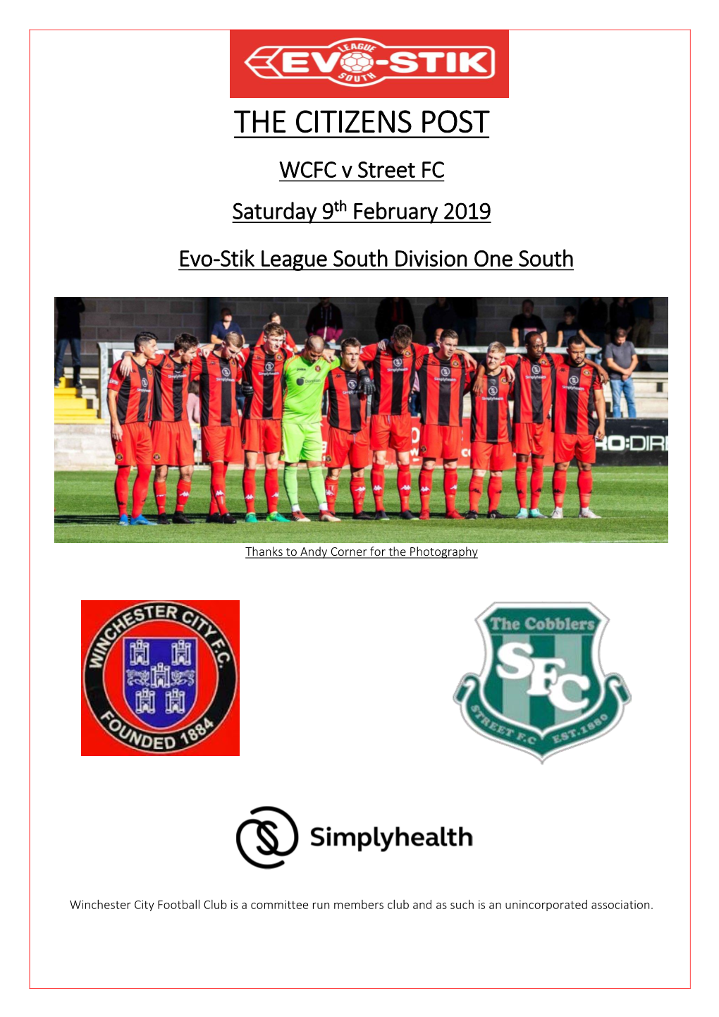THE CITIZENS POST WCFC V Street FC Saturday 9Th February 2019 Evo-Stik League South Division One South