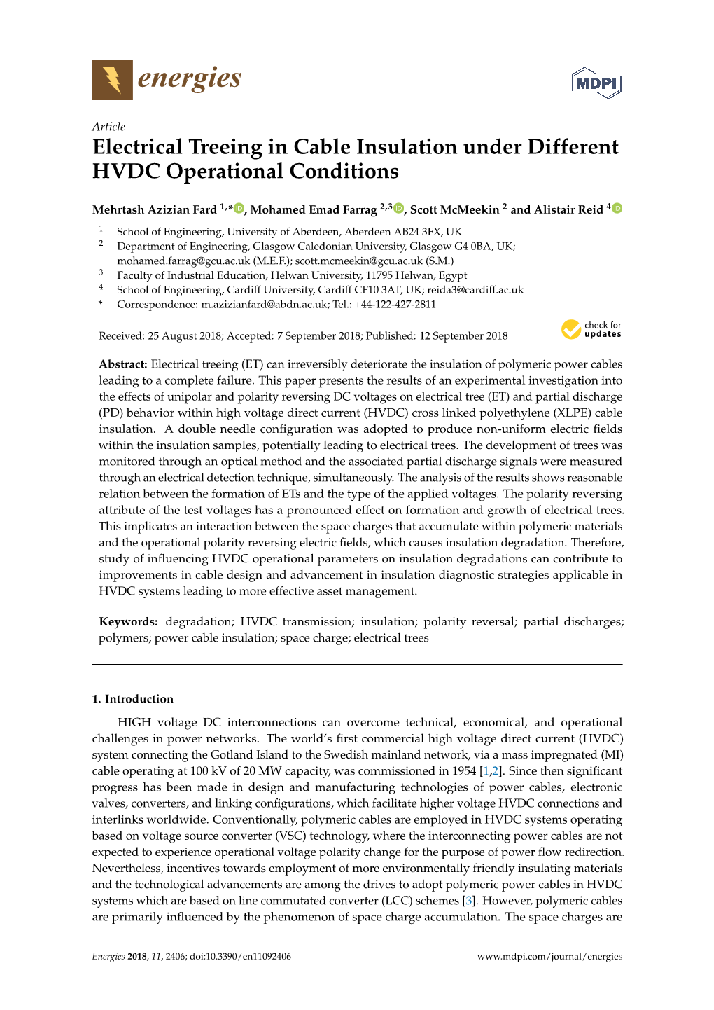 Electrical Treeing in Cable Insulation Under Different HVDC Operational Conditions