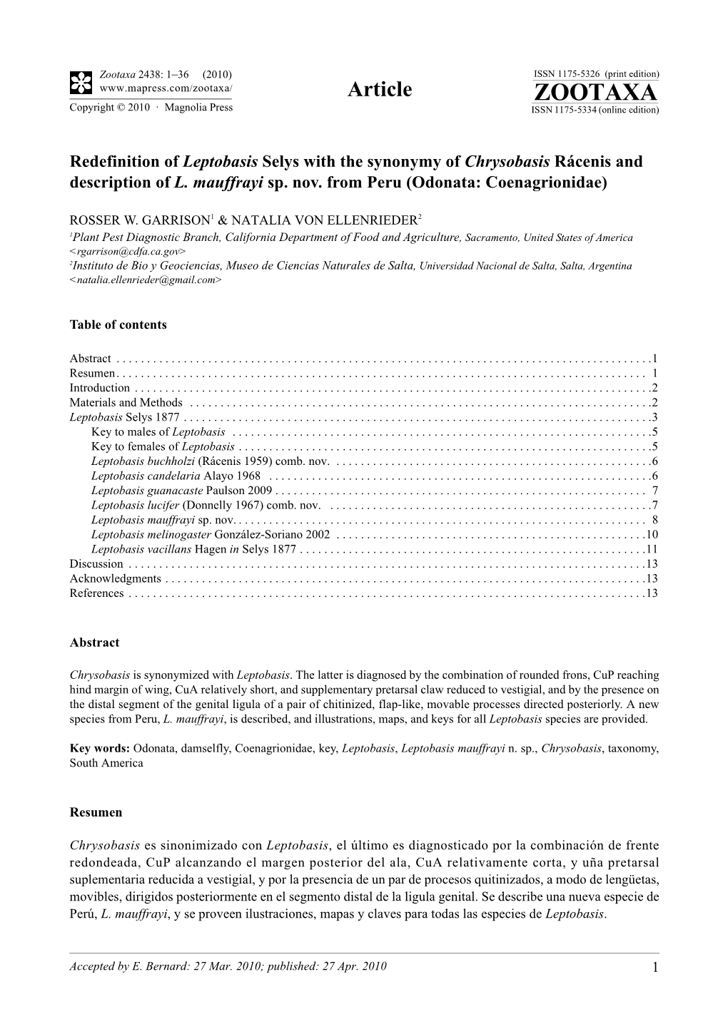 Zootaxa, Redefinition of Leptobasis Selys with The