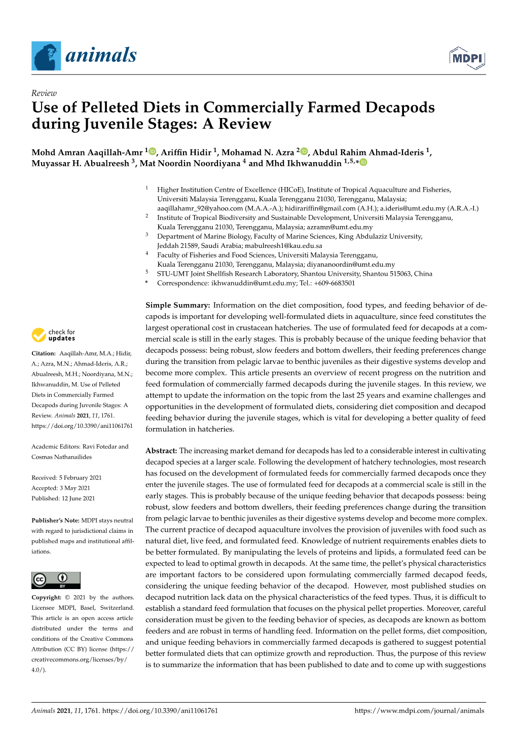 Use of Pelleted Diets in Commercially Farmed Decapods During Juvenile Stages: a Review