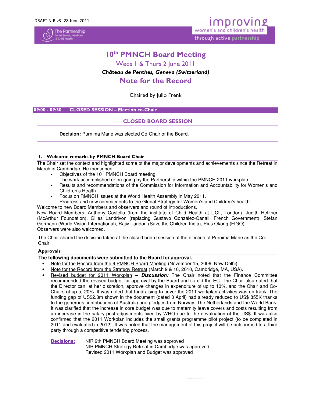 10Th PMNCH Board Meeting Note for the Record