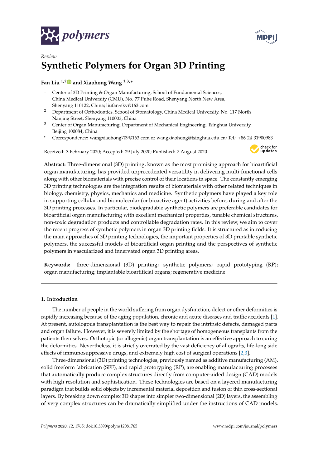 Synthetic Polymers for Organ 3D Printing