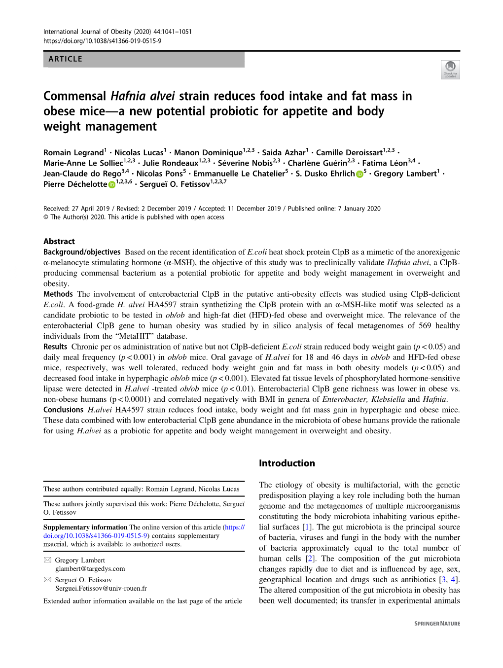 Commensal Hafnia Alvei Strain Reduces Food Intake and Fat Mass in Obese Mice—A New Potential Probiotic for Appetite and Body Weight Management