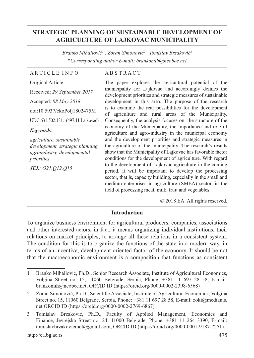 Strategic Planning of Sustainable Development of Agriculture of Lajkovac Municipality