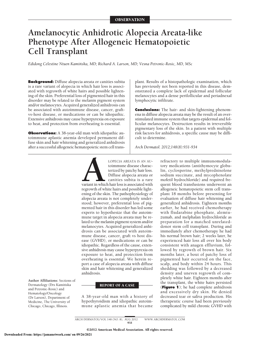 Amelanocytic Anhidrotic Alopecia Areata-Like Phenotype After Allogeneic Hematopoietic Cell Transplant