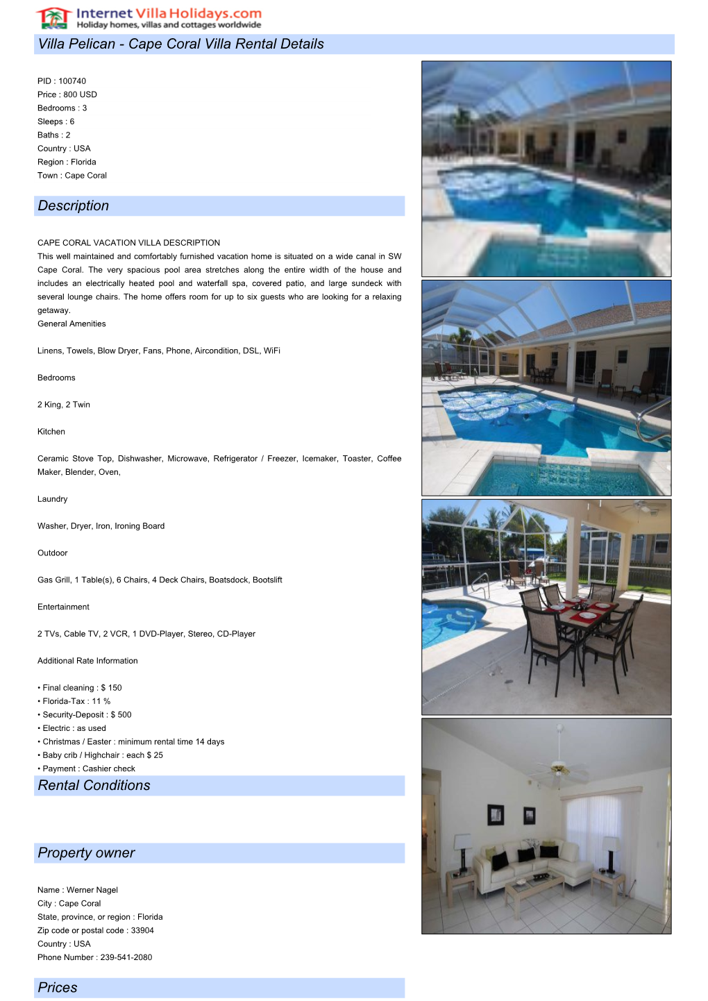 Villa Pelican - Cape Coral Villa Rental Details