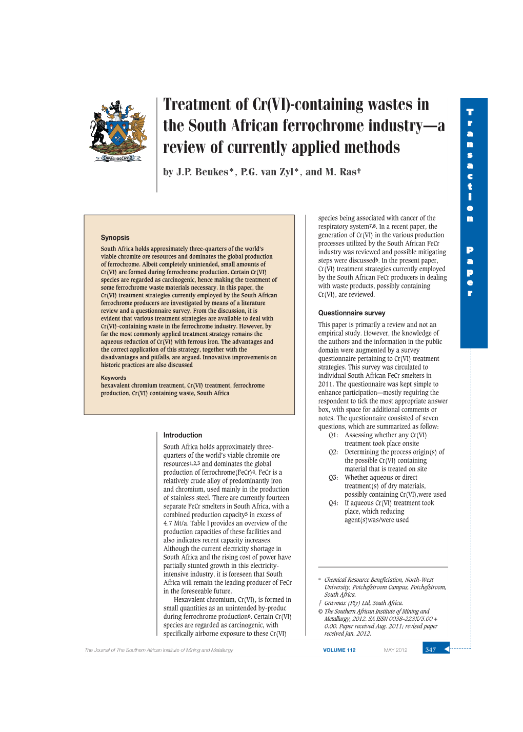 Treatment of Cr(VI)-Containing Wastes in the South African Ferrochrome Industry