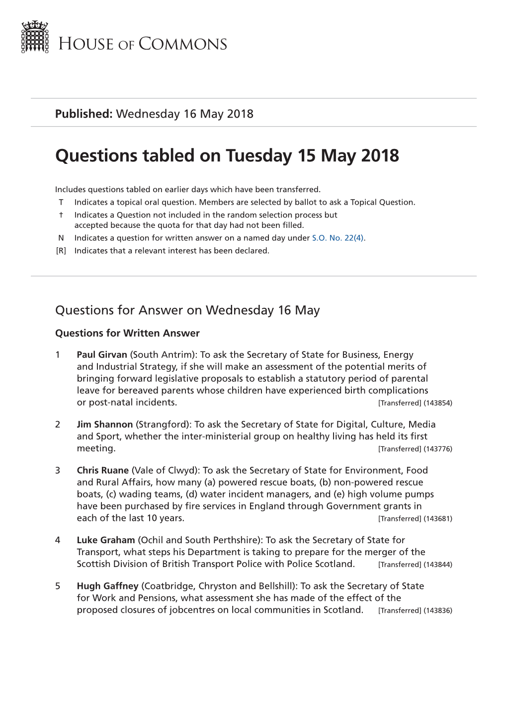 Questions Tabled on Tue 15 May 2018
