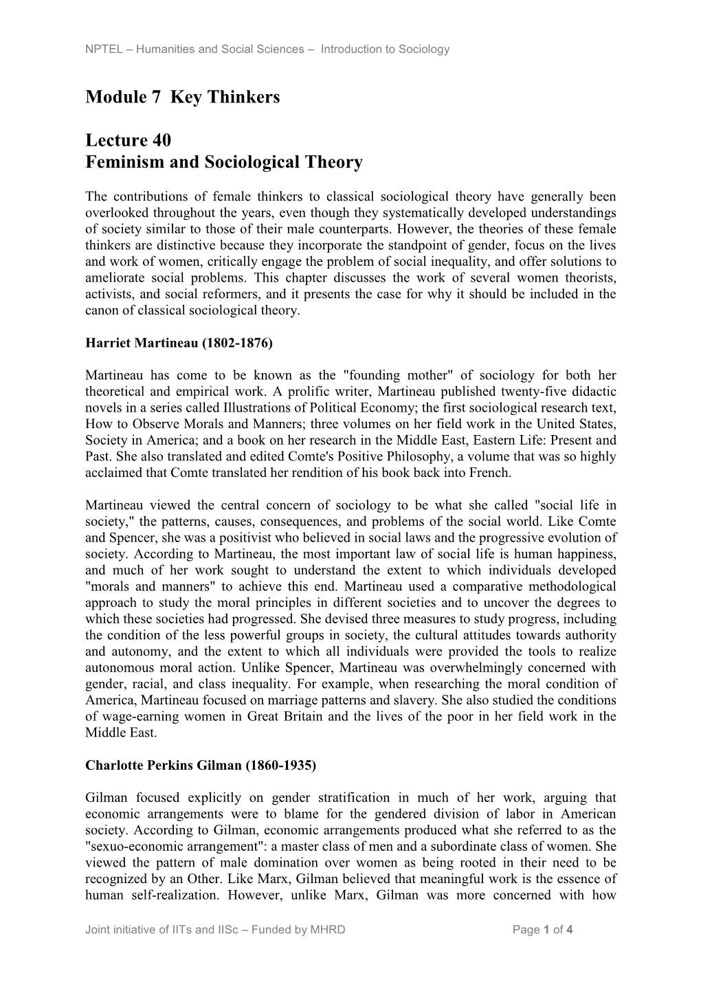 Module 7 Key Thinkers Lecture 40 Feminism and Sociological Theory