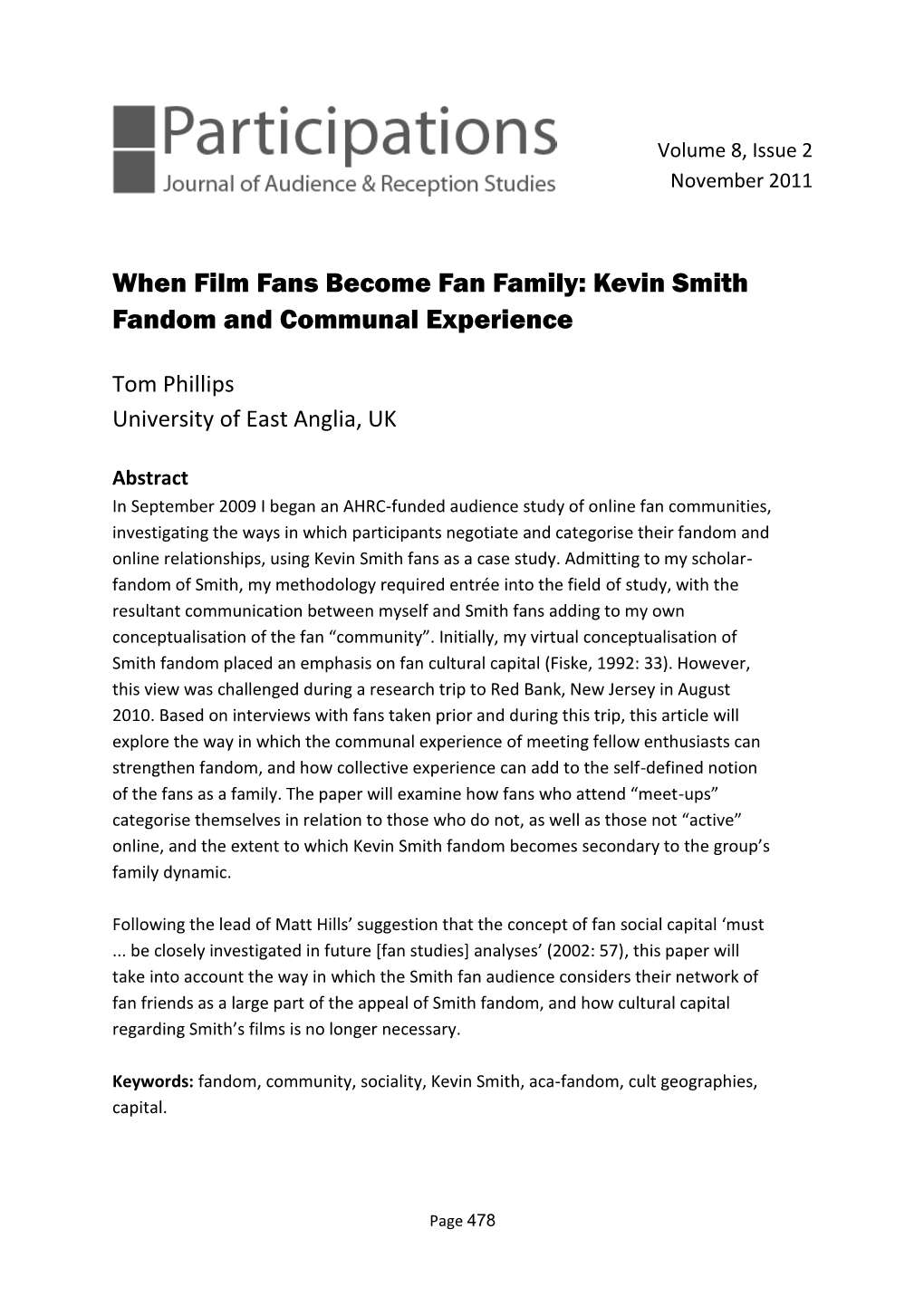 When Film Fans Become Fan Family: Kevin Smith Fandom and Communal Experience