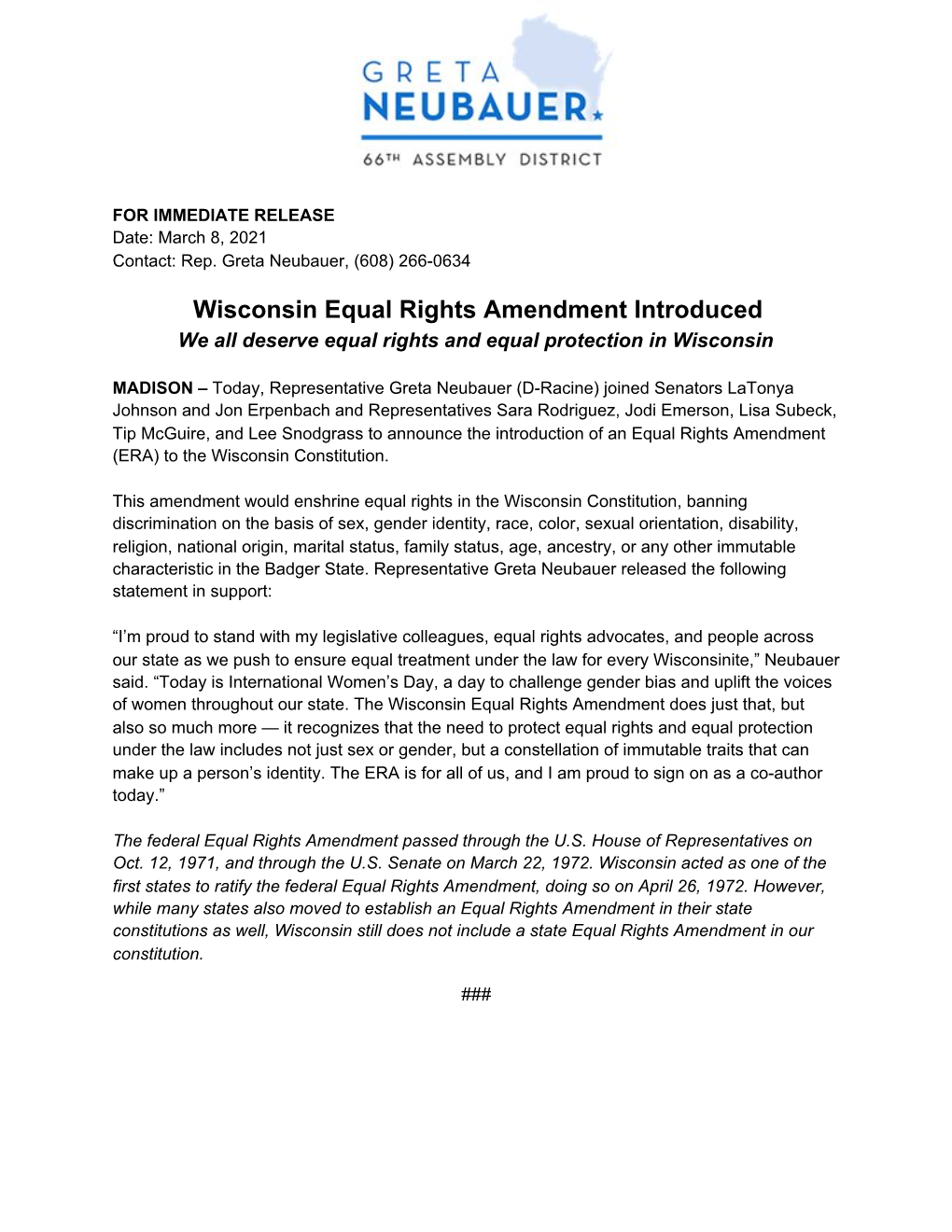 ​Wisconsin Equal Rights Amendment Introduced