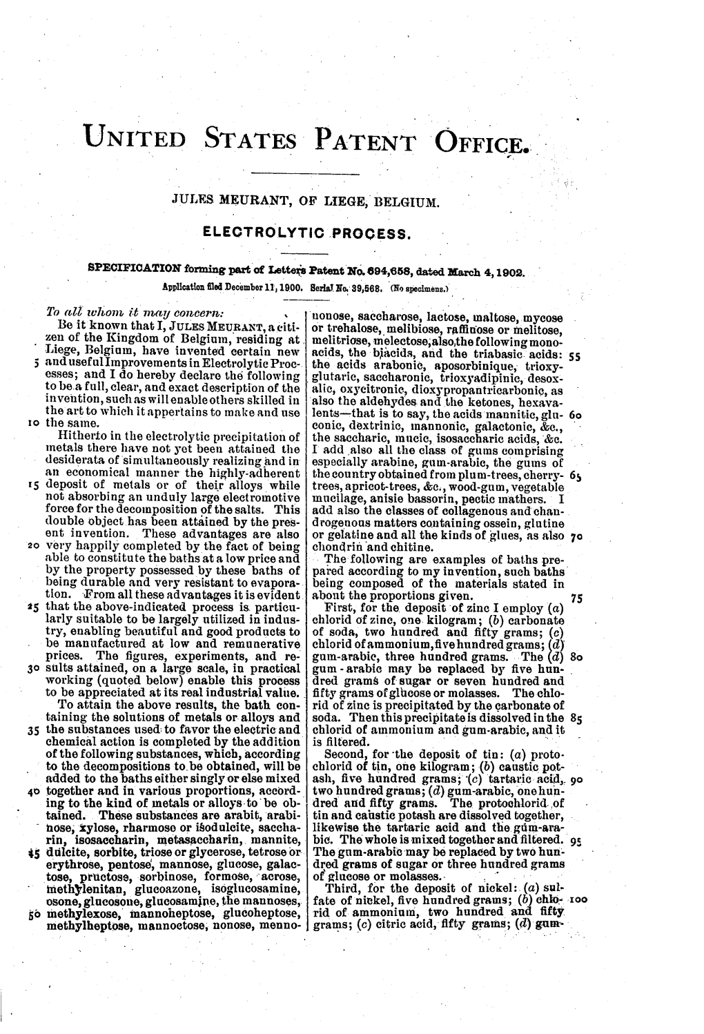 United States Patent Office. Jules Meurant, of Liege, Belgium