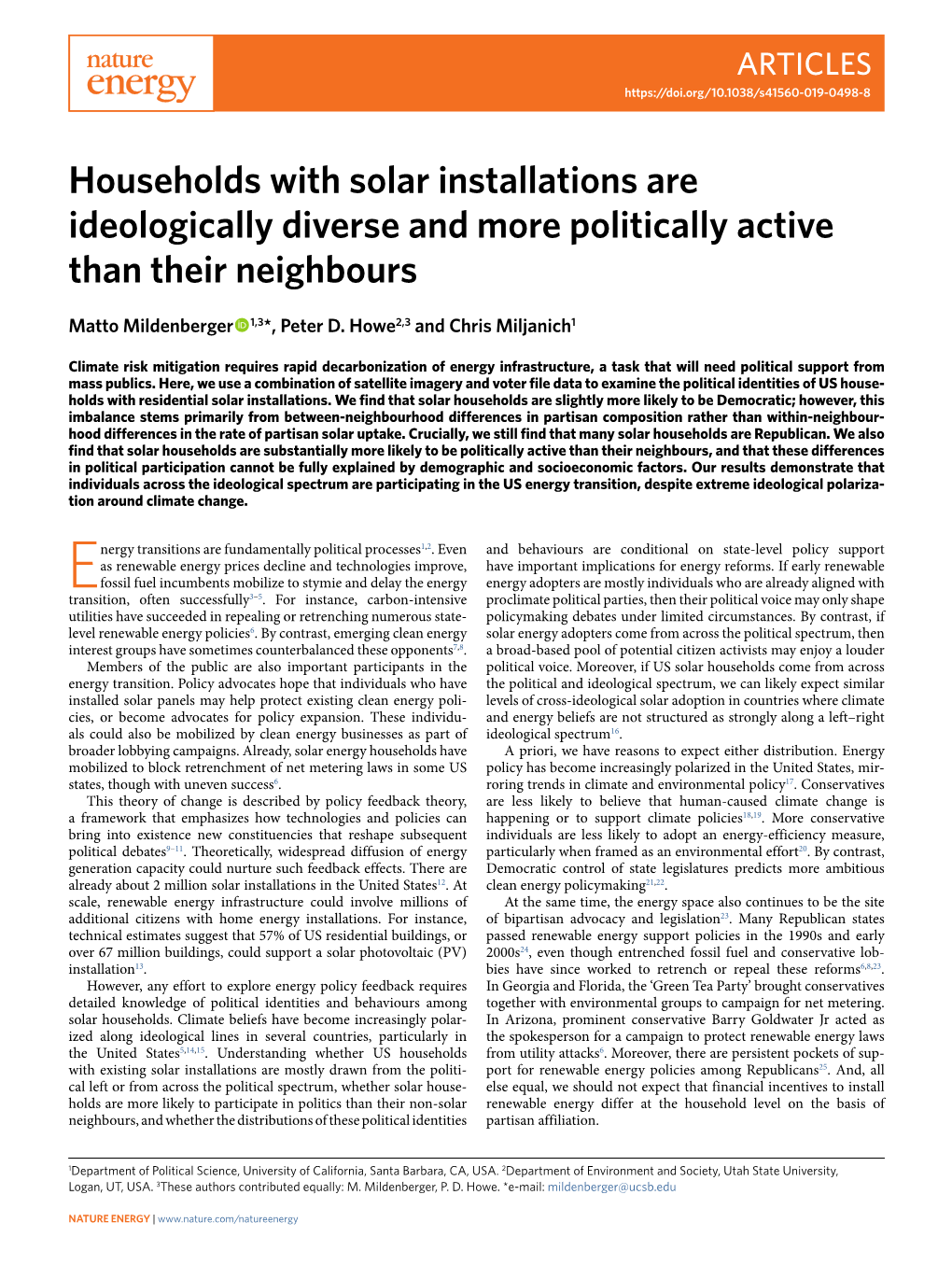 Households with Solar Installations Are Ideologically Diverse and More Politically Active Than Their Neighbours