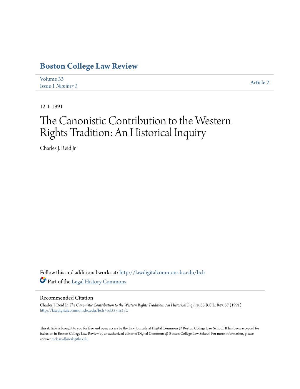 The Canonistic Contribution to the Western Rights Tradition: an Historical Inquiry, 33 B.C.L