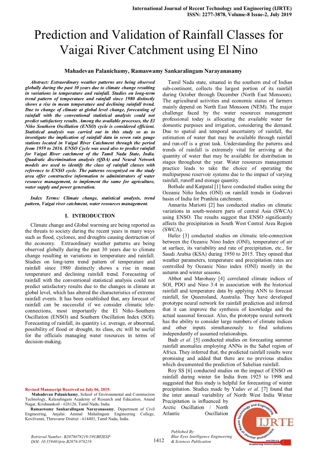 Prediction and Validation of Rainfall Classes for Vaigai River Catchment Using El Nino