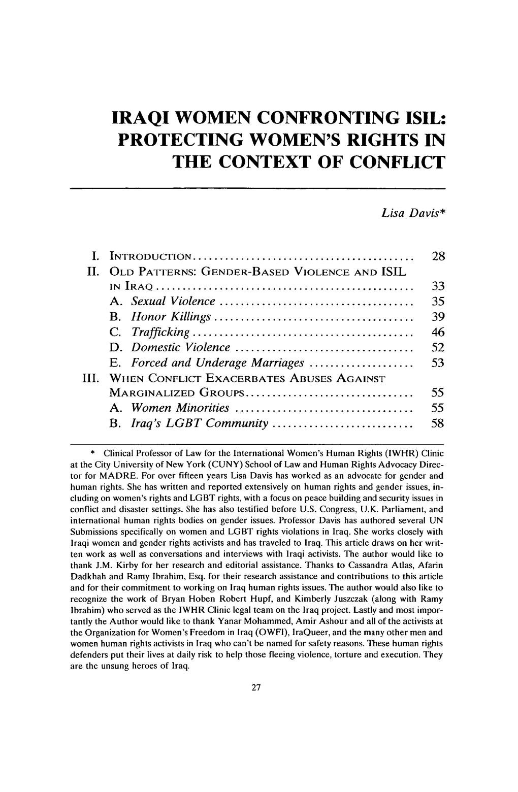 Iraqi Women Confronting Isil: Protecting Women's Rights in the Context of Conflict